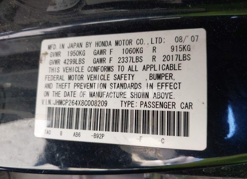 Photo 9 of 2008 Honda Accord 2.4 LX-P (VIN JHMCP264X8C008209)