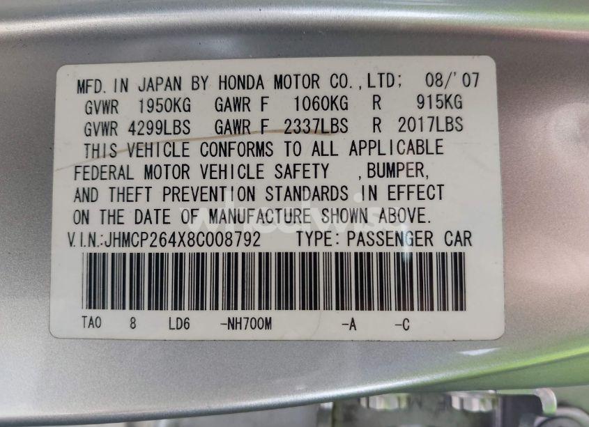 Photo 9 of 2008 Honda Accord 2.4 LX-P (VIN JHMCP264X8C008792)