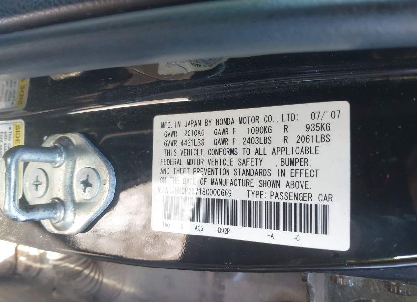 Photo 9 of 2008 Honda Accord 2.4 EX (VIN JHMCP26718C000669)