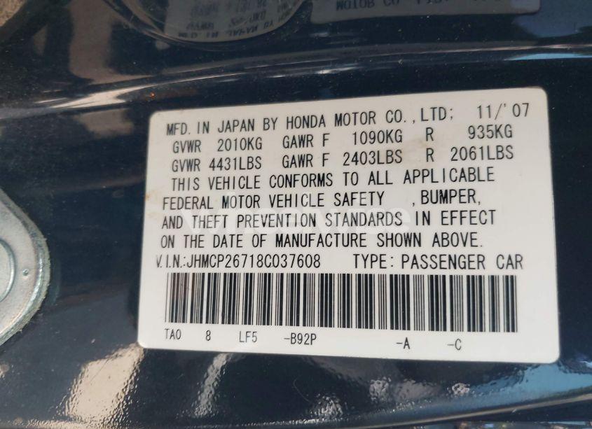 Photo 9 of 2008 Honda Accord 2.4 EX (VIN JHMCP26718C037608)