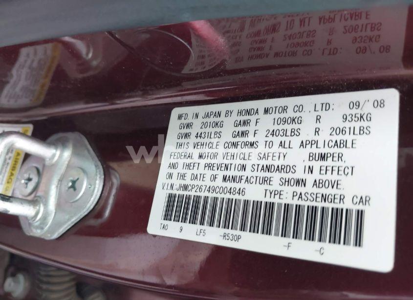 Photo 9 of 2009 Honda Accord 2.4 EX (VIN JHMCP26749C004846)
