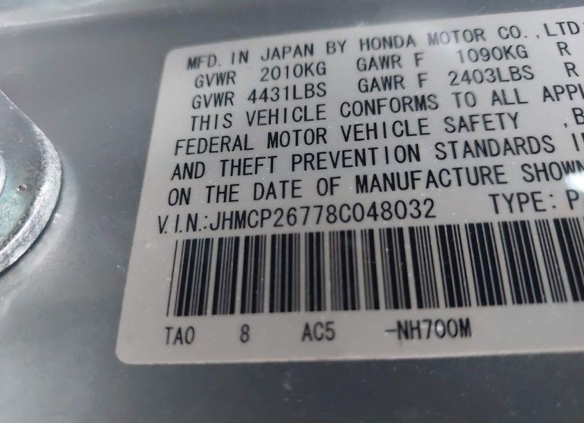 Photo 9 of 2008 Honda Accord 2.4 EX (VIN JHMCP26778C048032)