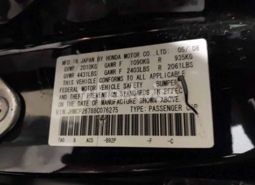 Photo 9 of 2008 Honda Accord 2.4 EX (VIN JHMCP26788C076275)