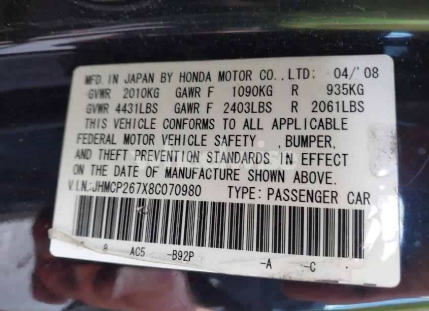 Photo 9 of 2008 Honda Accord 2.4 EX (VIN JHMCP267X8C070980)