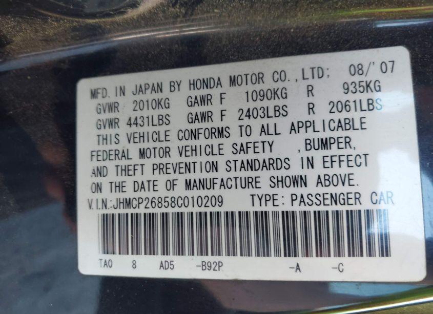 Photo 9 of 2008 Honda Accord 2.4 EX-L (VIN JHMCP26858C010209)