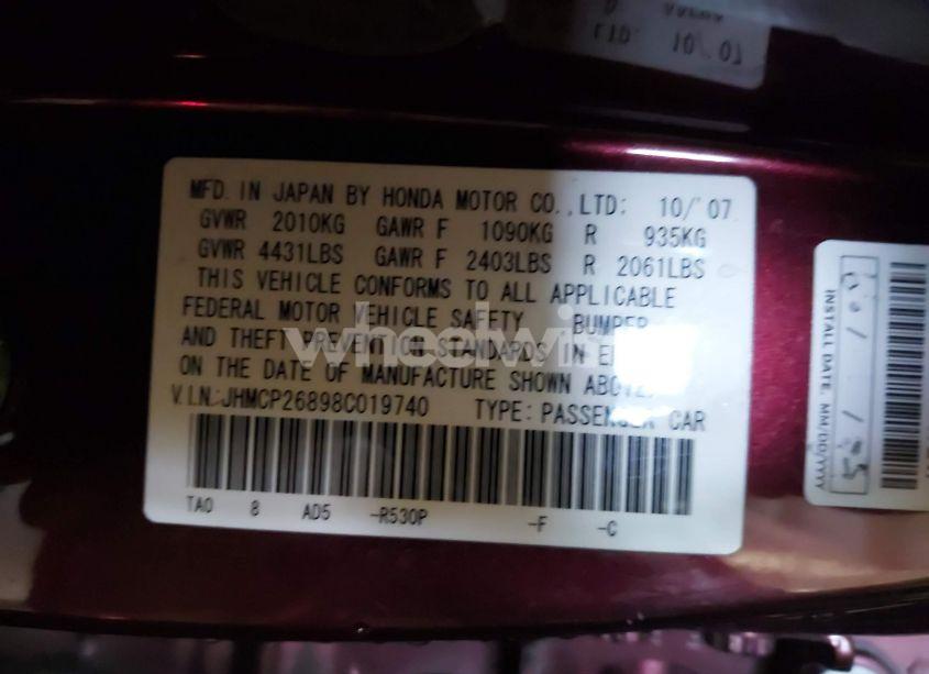 Photo 9 of 2008 Honda Accord 2.4 EX-L (VIN JHMCP26898C019740)