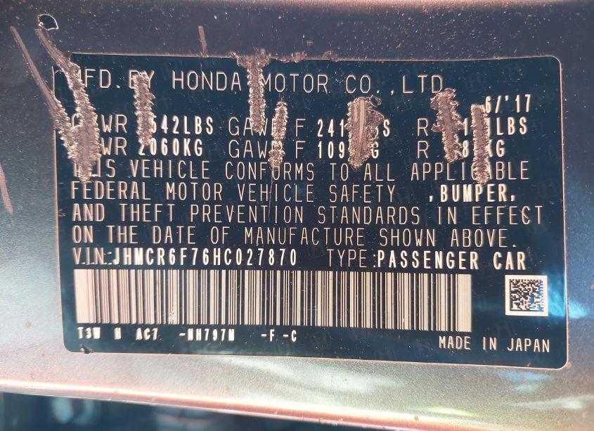 Photo 9 of 2017 Honda Accord HYBRID TOURING (VIN JHMCR6F76HC027870)