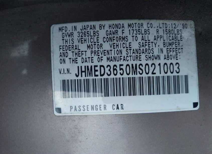 Photo 9 of 1991 Honda Civic LX (VIN JHMED3650MS021003)