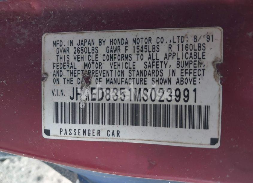 Photo 9 of 1991 Honda Civic CRX (VIN JHMED8351MS023991)