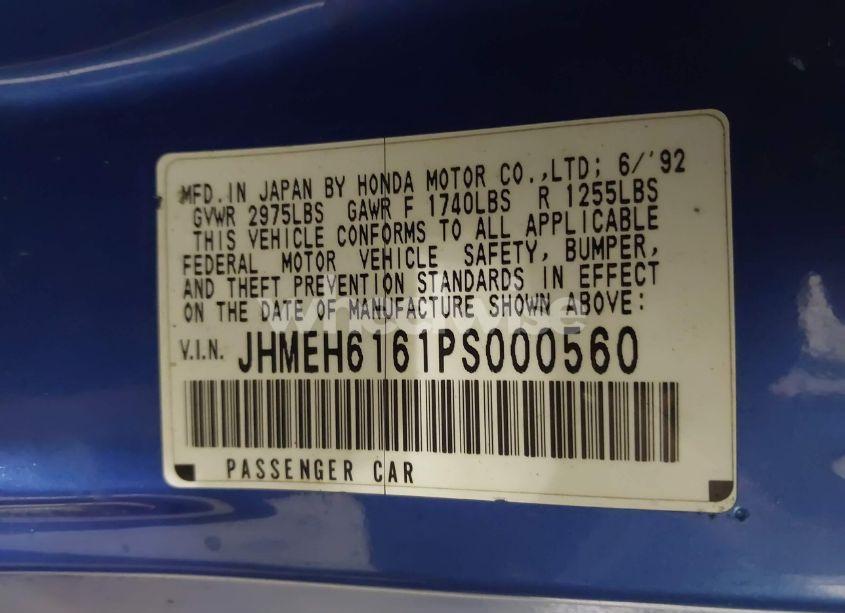 Photo 9 of 1993 Honda Civic DEL SOL SI (VIN JHMEH6161PS000560)