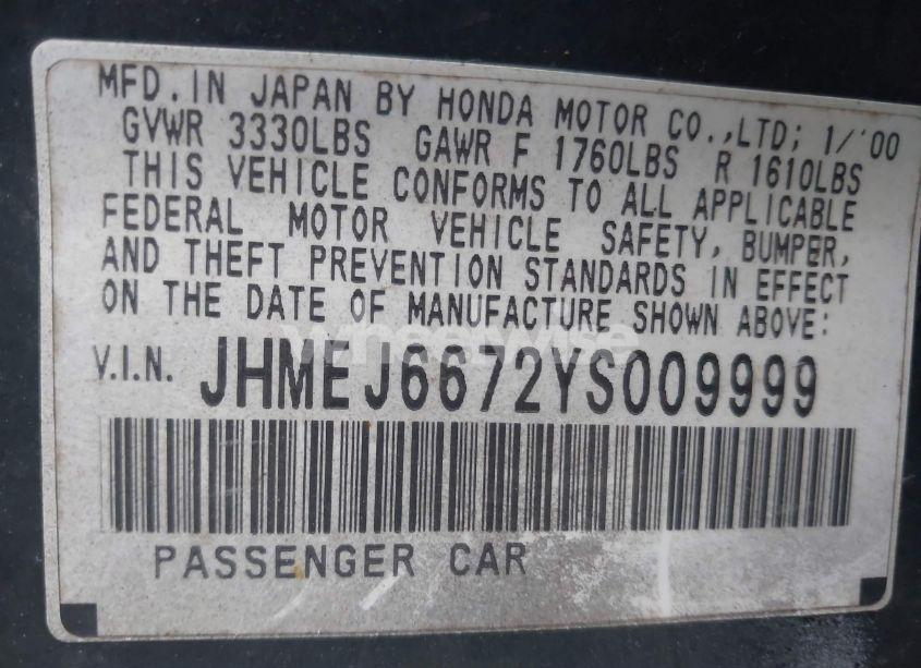 Photo 9 of 2000 Honda Civic LX (VIN JHMEJ6672YS009999)