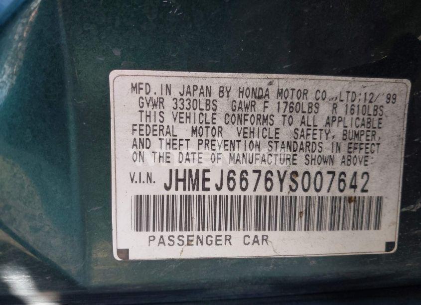 Photo 9 of 2000 Honda Civic LX (VIN JHMEJ6676YS007642)