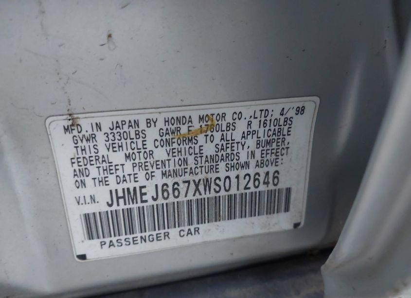 Photo 9 of 1998 Honda Civic LX (VIN JHMEJ667XWS012646)