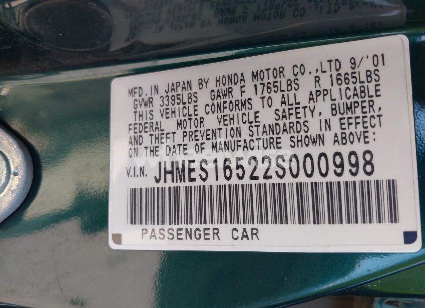 Photo 9 of 2002 Honda Civic LX (VIN JHMES16522S000998)