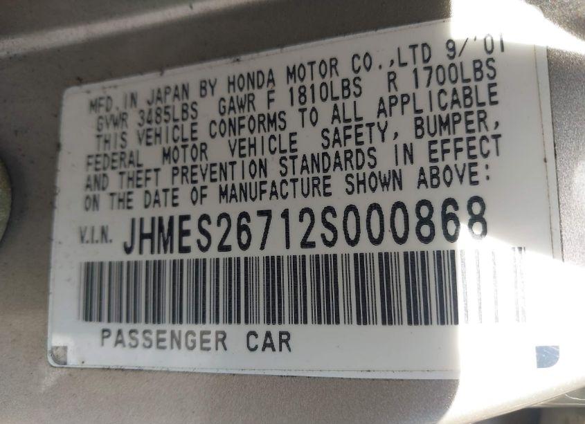 Photo 9 of 2002 Honda Civic EX (VIN JHMES26712S000868)
