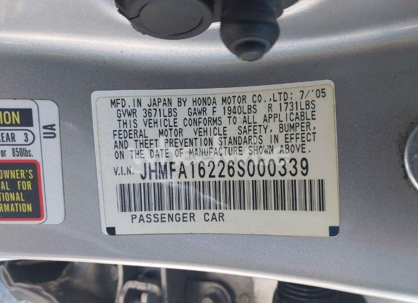 Photo 9 of 2006 Honda Civic DX (VIN JHMFA16226S000339)