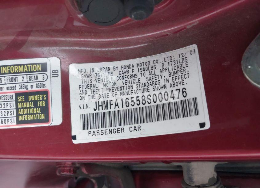 Photo 9 of 2008 Honda Civic LX (VIN JHMFA16558S000476)
