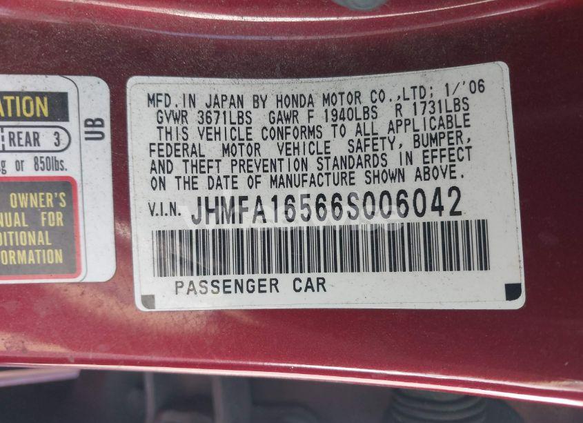 Photo 9 of 2006 Honda Civic LX (VIN JHMFA16566S006042)