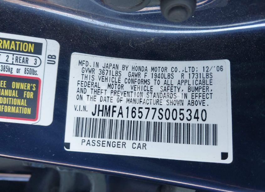 Photo 9 of 2007 Honda Civic LX (VIN JHMFA16577S005340)
