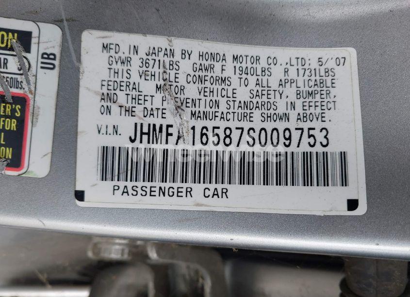 Photo 9 of 2007 Honda Civic LX (VIN JHMFA16587S009753)