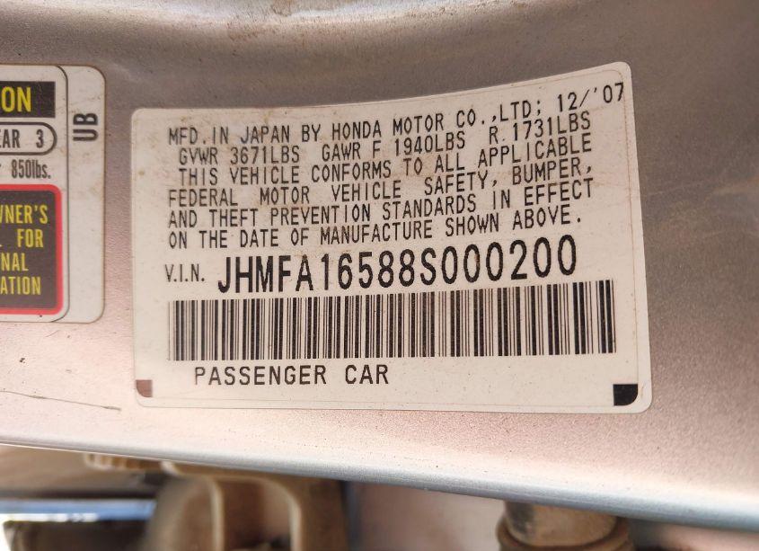 Photo 9 of 2008 Honda Civic LX (VIN JHMFA16588S000200)