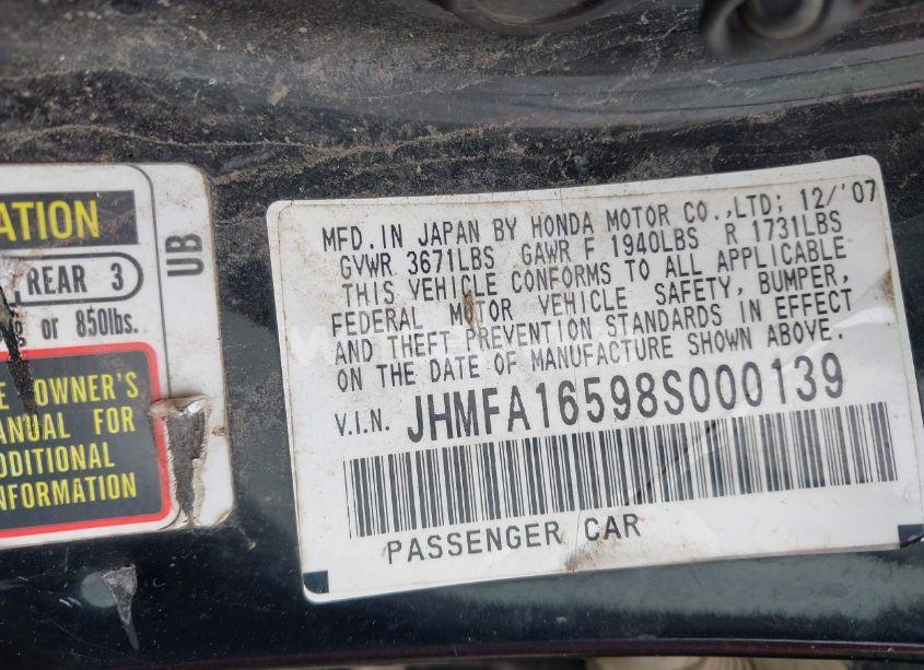 Photo 9 of 2008 Honda Civic LX (VIN JHMFA16598S000139)