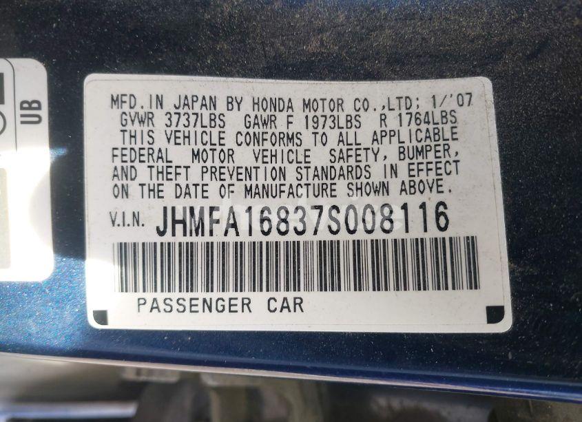 Photo 9 of 2007 Honda Civic EX (VIN JHMFA16837S008116)