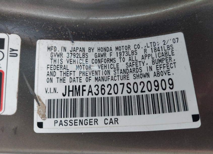 Photo 9 of 2007 Honda Civic HYBRID (VIN JHMFA36207S020909)