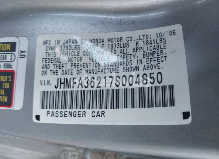 Photo 9 of 2007 Honda Civic HYBRID (VIN JHMFA36217S004850)