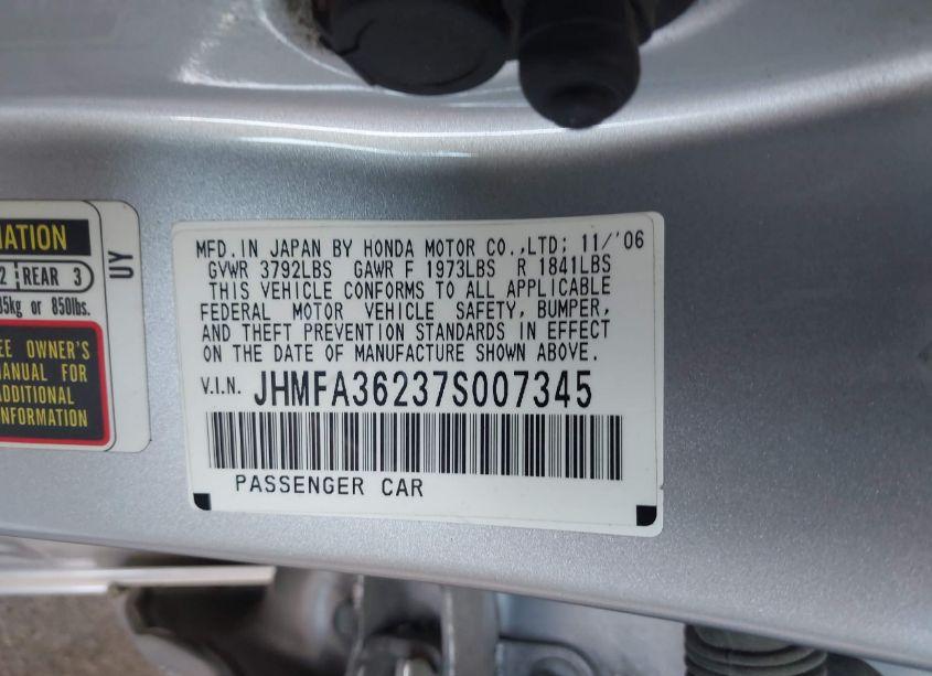 Photo 9 of 2007 Honda Civic HYBRID (VIN JHMFA36237S007345)