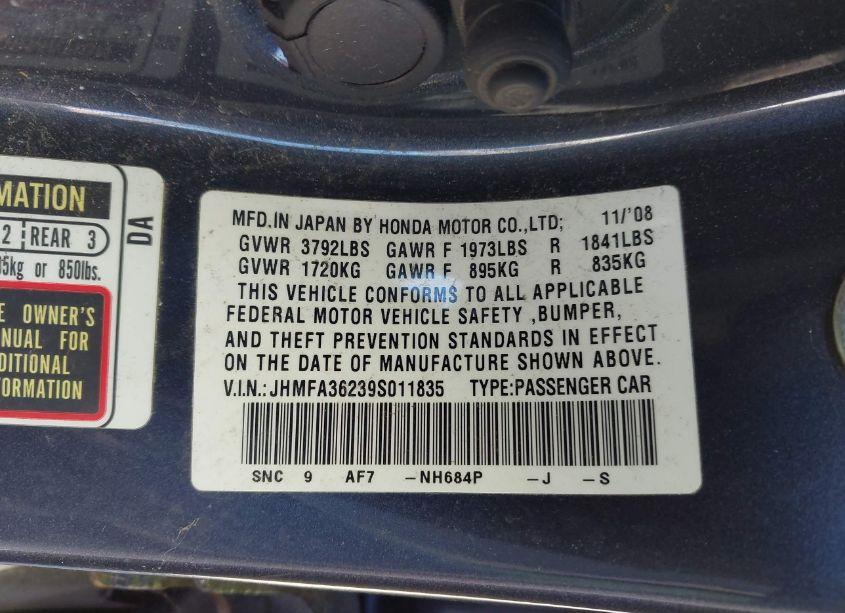 Photo 9 of 2009 Honda Civic HYBRID (VIN JHMFA36239S011835)
