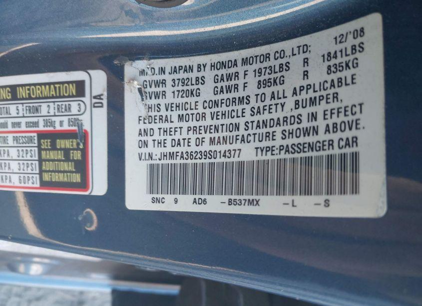 Photo 9 of 2009 Honda Civic HYBRID (VIN JHMFA36239S014377)