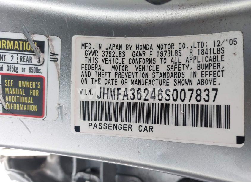 Photo 9 of 2006 Honda Civic HYBRID (VIN JHMFA36246S007837)
