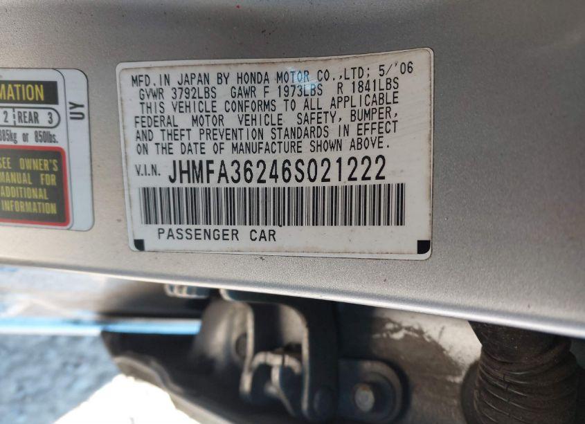 Photo 9 of 2006 Honda Civic HYBRID (VIN JHMFA36246S021222)