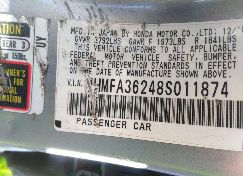 Photo 9 of 2008 Honda Civic HYBRID (VIN JHMFA36248S011874)