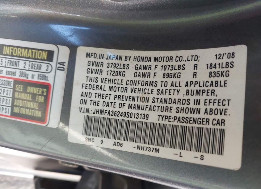 Photo 9 of 2009 Honda Civic HYBRID (VIN JHMFA36249S013139)