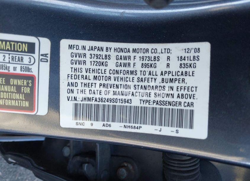 Photo 9 of 2009 Honda Civic HYBRID (VIN JHMFA36249S015943)