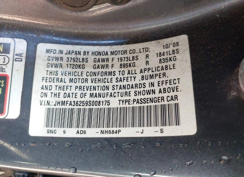Photo 9 of 2009 Honda Civic HYBRID (VIN JHMFA36259S008175)