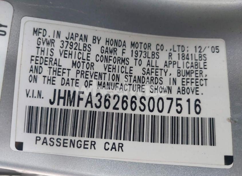 Photo 9 of 2006 Honda Civic HYBRID (VIN JHMFA36266S007516)