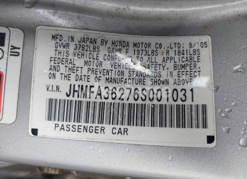 Photo 9 of 2006 Honda Civic HYBRID (VIN JHMFA36276S001031)