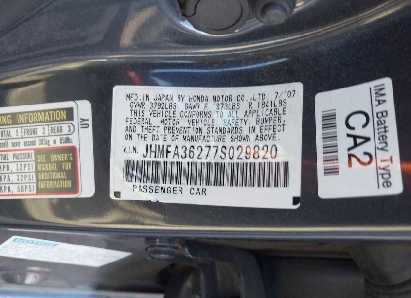 Photo 9 of 2007 Honda Civic HYBRID (VIN JHMFA36277S029820)