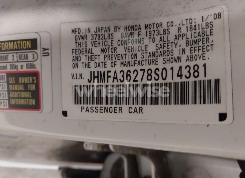 Photo 9 of 2008 Honda Civic HYBRID (VIN JHMFA36278S014381)