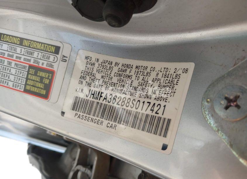 Photo 9 of 2008 Honda Civic HYBRID (VIN JHMFA36288S017421)