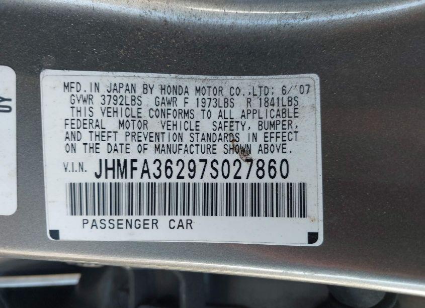 Photo 9 of 2007 Honda Civic HYBRID (VIN JHMFA36297S027860)