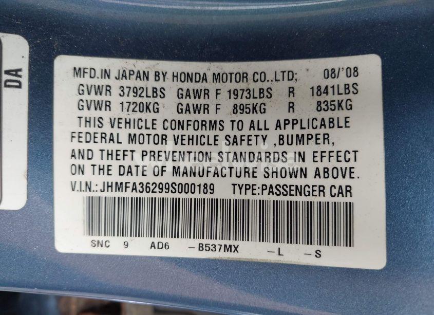 Photo 9 of 2009 Honda Civic HYBRID (VIN JHMFA36299S000189)