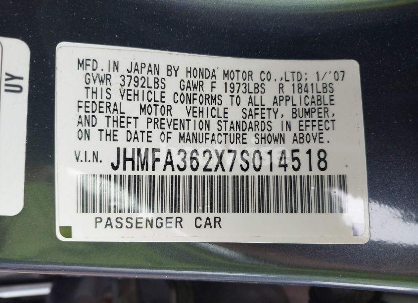 Photo 9 of 2007 Honda Civic HYBRID (VIN JHMFA362X7S014518)