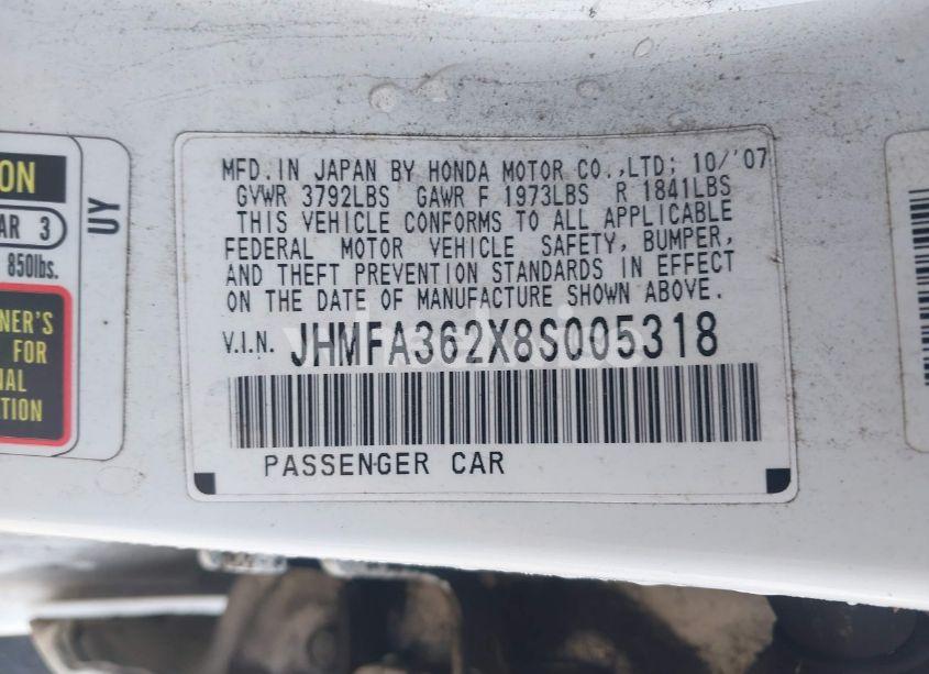Photo 9 of 2008 Honda Civic HYBRID (VIN JHMFA362X8S005318)