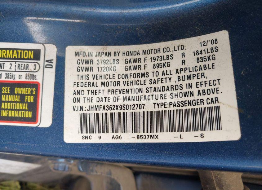 Photo 9 of 2009 Honda Civic HYBRID (VIN JHMFA362X9S012707)