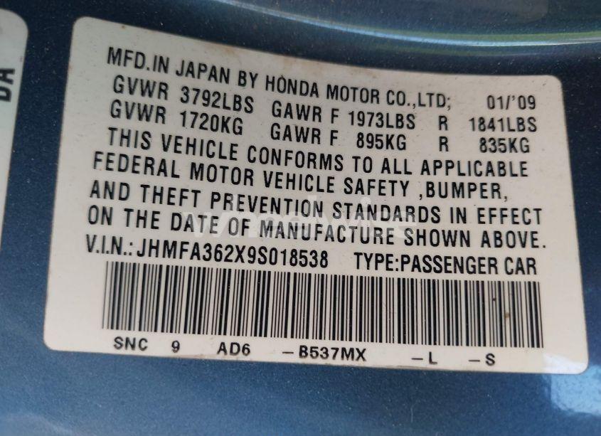 Photo 9 of 2009 Honda Civic HYBRID (VIN JHMFA362X9S018538)