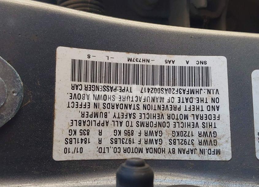 Photo 9 of 2010 Honda Civic HYBRID (VIN JHMFA3F20AS002417)